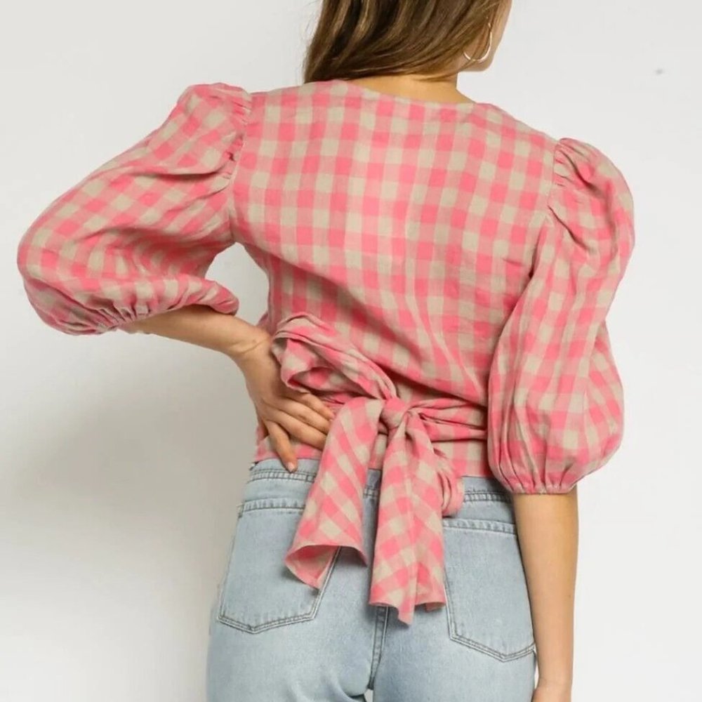 💖 Olivaceous Pink Gingham Wrap‎ Blouse - Picture 2 of 6